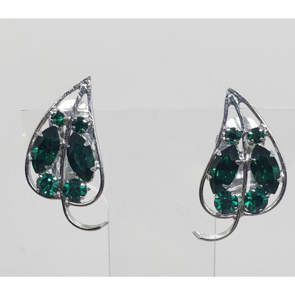 Vintage Earrings Leaf With Emerald Green Rhinestones Clip On Silver Toned - Picture 6 of 10